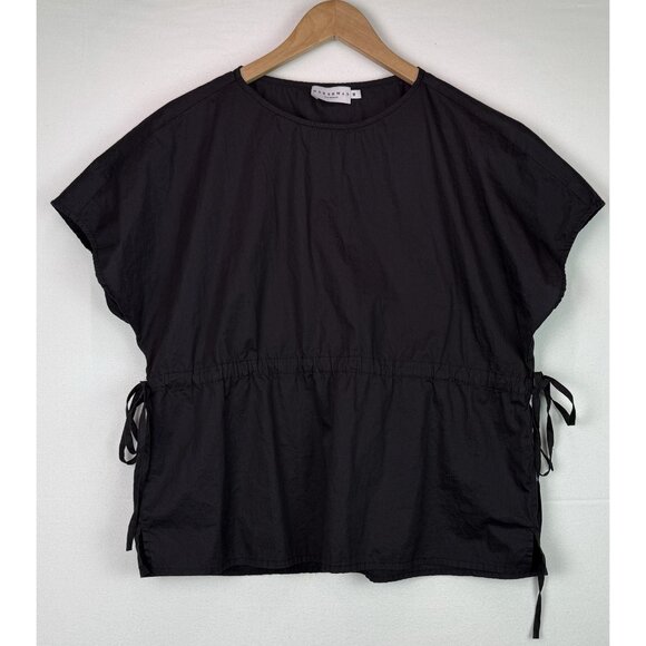 Harshman Cotton Short Sleeve Blouse w/Drawstring Waist Black Rounded Neck Sz M - Picture 2 of 8